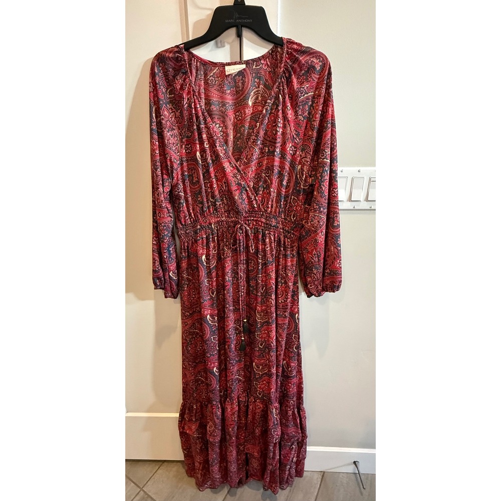 Anthropologies CHAUDRY Red‎ Paisley Maxi Dress Boho Tiered Ruffle Womens XL